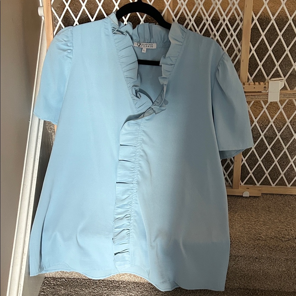 Ruffled V-Neck Short Sleeve Blouse — Light Blue